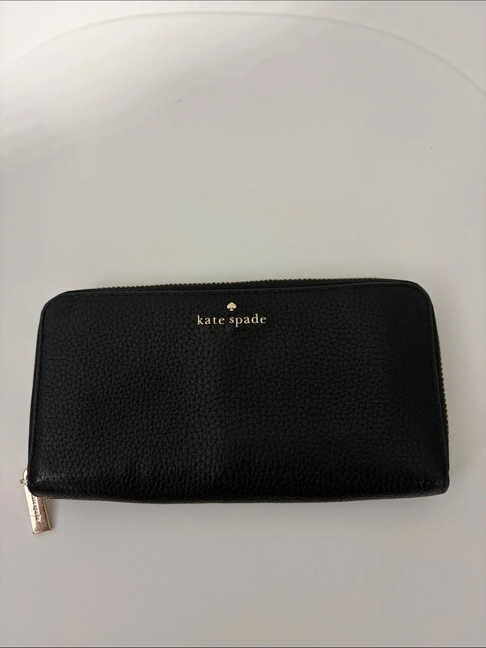 kate spade Black Pebbled Leather Zip Wallet with Gold Logo